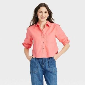 Coral Pink Cropped Button Up Blouse